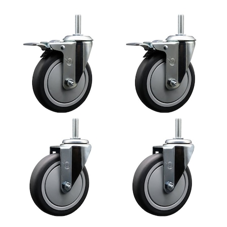 Service Caster 5 Inch Thermoplastic  Rubber Swivel 34 Inch Threaded Stem Caster Set 2 Total Lock Brakes SCC-TSTTL20S514-TPRB-34212-2-S-2